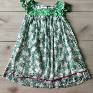 Mini Boden Green and Pink Bunny Print Pom Trim Dress
